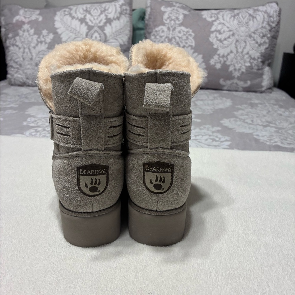 BearPaw Taupe Suede Shearling-Lined Short Booties